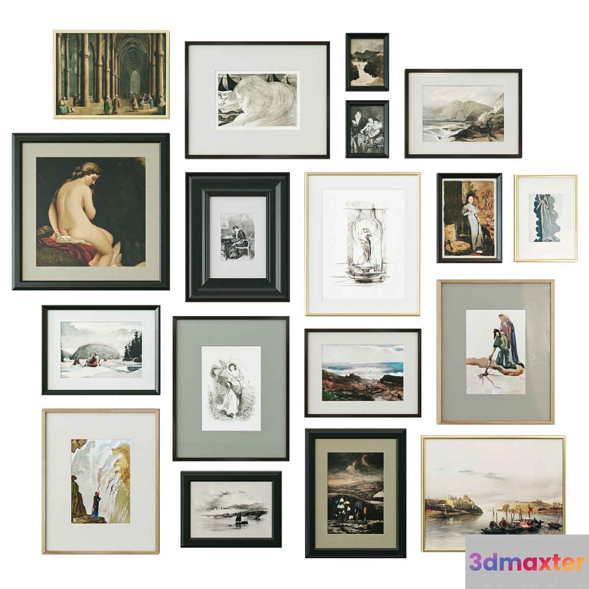 A set of paintings in classical frames