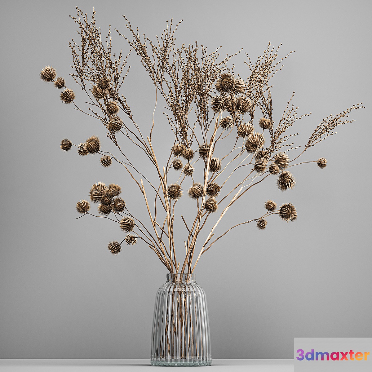 Bouquet of dried flowers in a glass vase with thorn branches and dry thistle. 183. 3D Max