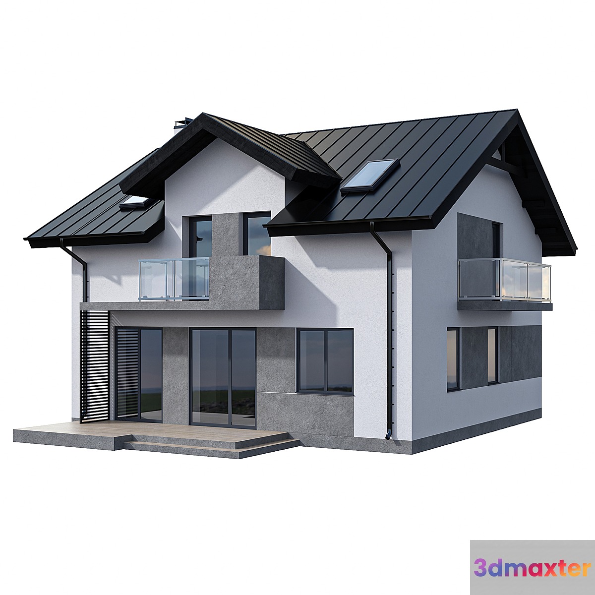 Modern two-storey cottage with two balconies and dormers
