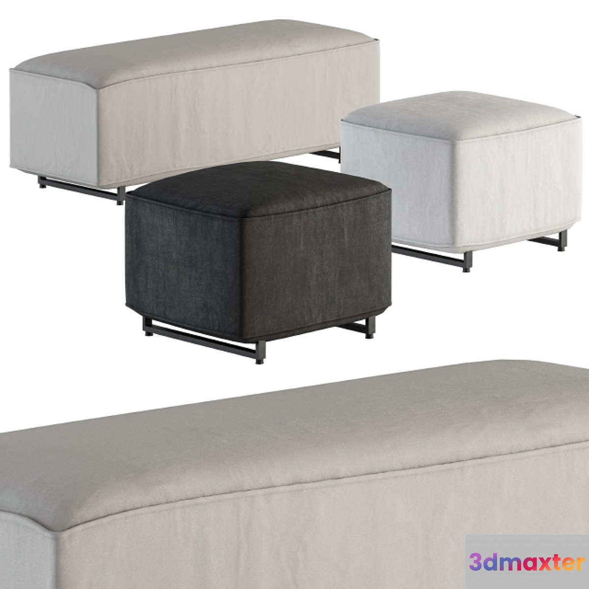Two Type Bench - Pouf Set 01 3D Max