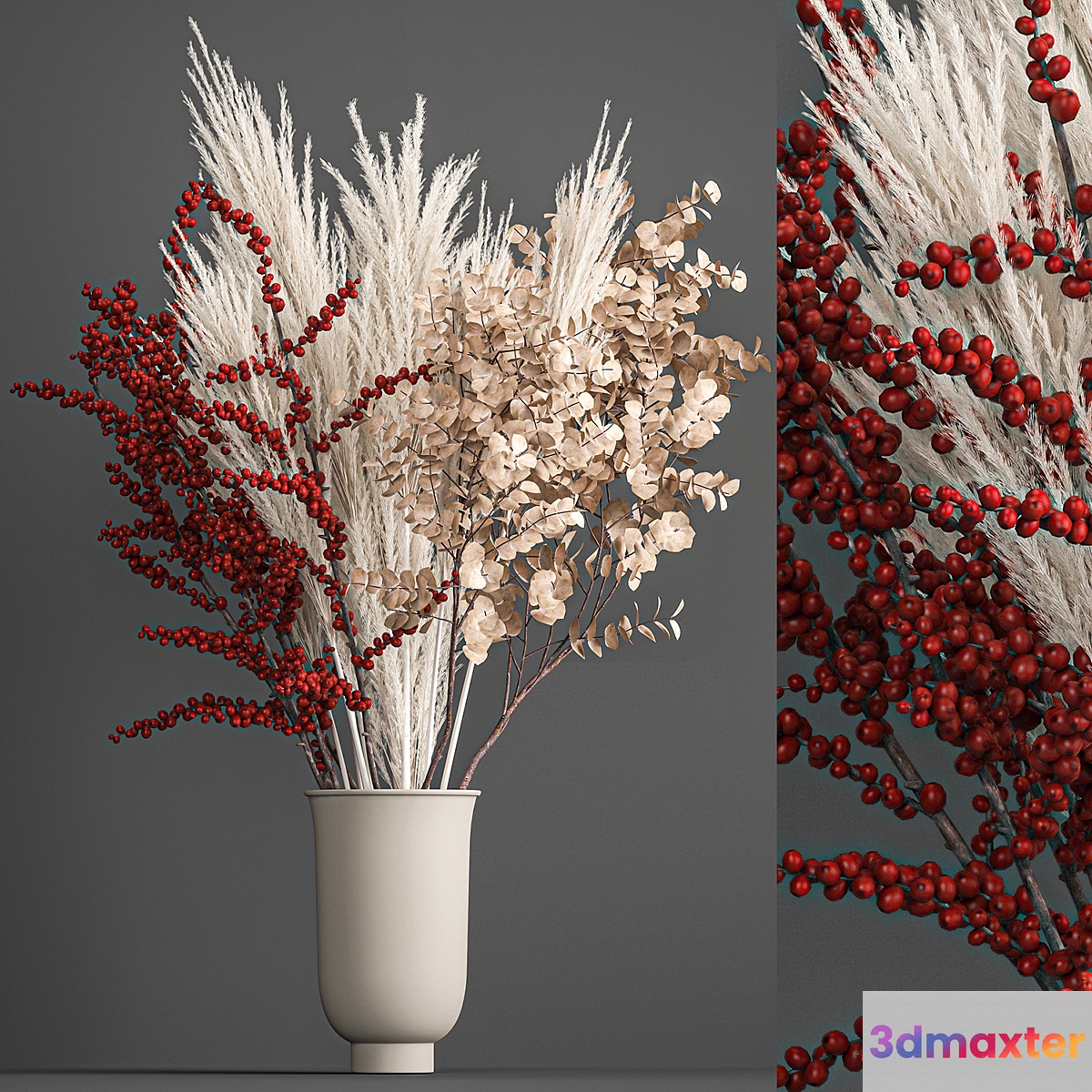 Bouquet of dried flowers in a vase with branches of red berries and white veinik. 199. 3D Max