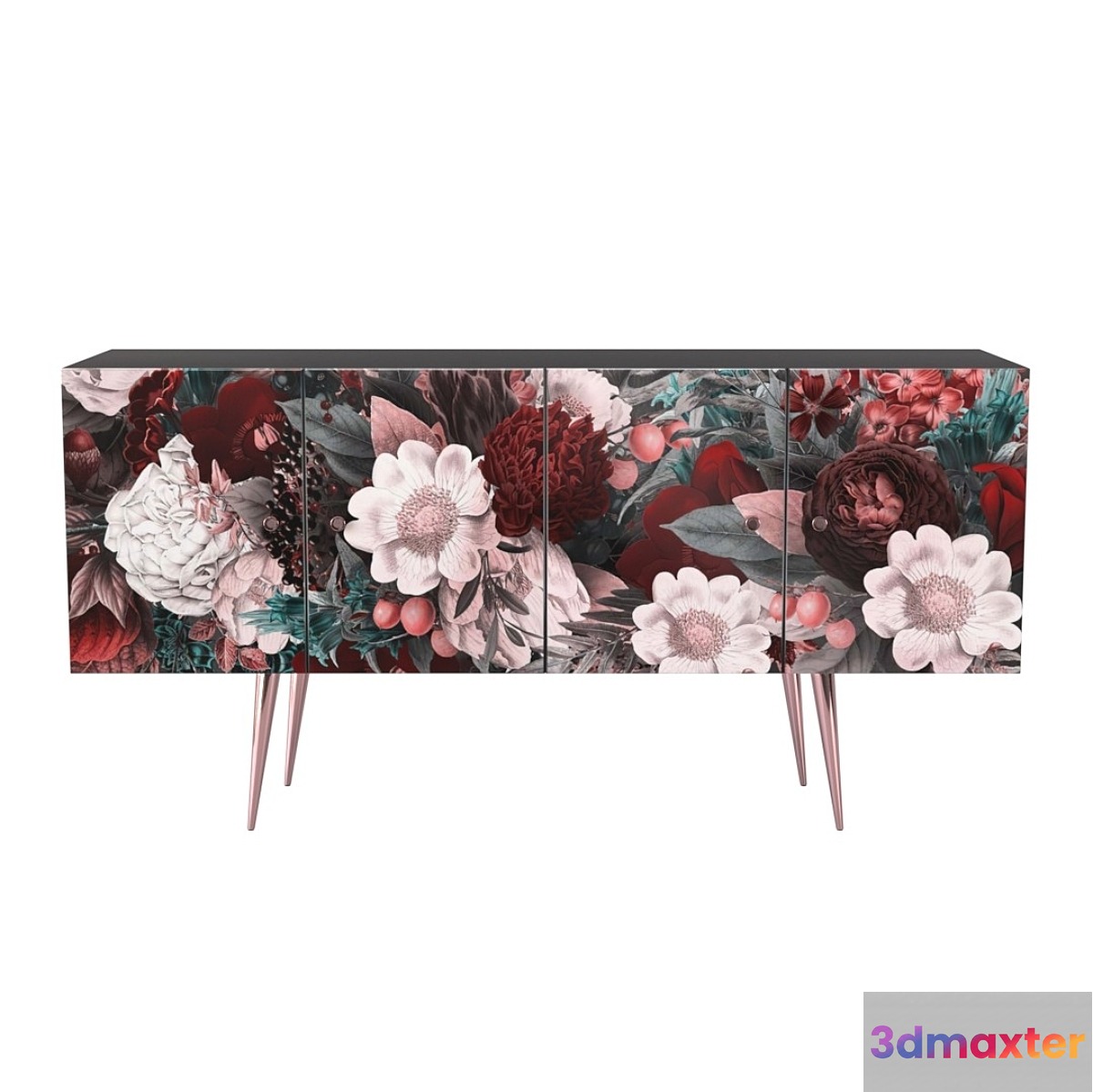 Midcentury Floral Black wood Rose Gold Sideboard Credenza - No.2