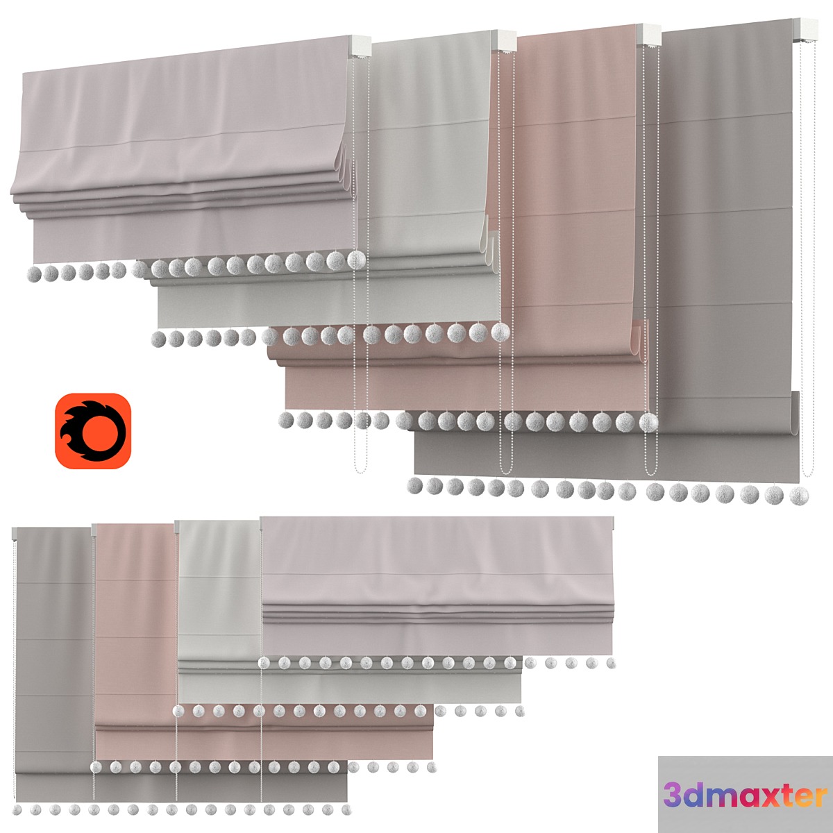 Roman Curtains 136 | Rh Baby & child | POM-POM LINEN-COTTON ROMAN SHADE 3D Max