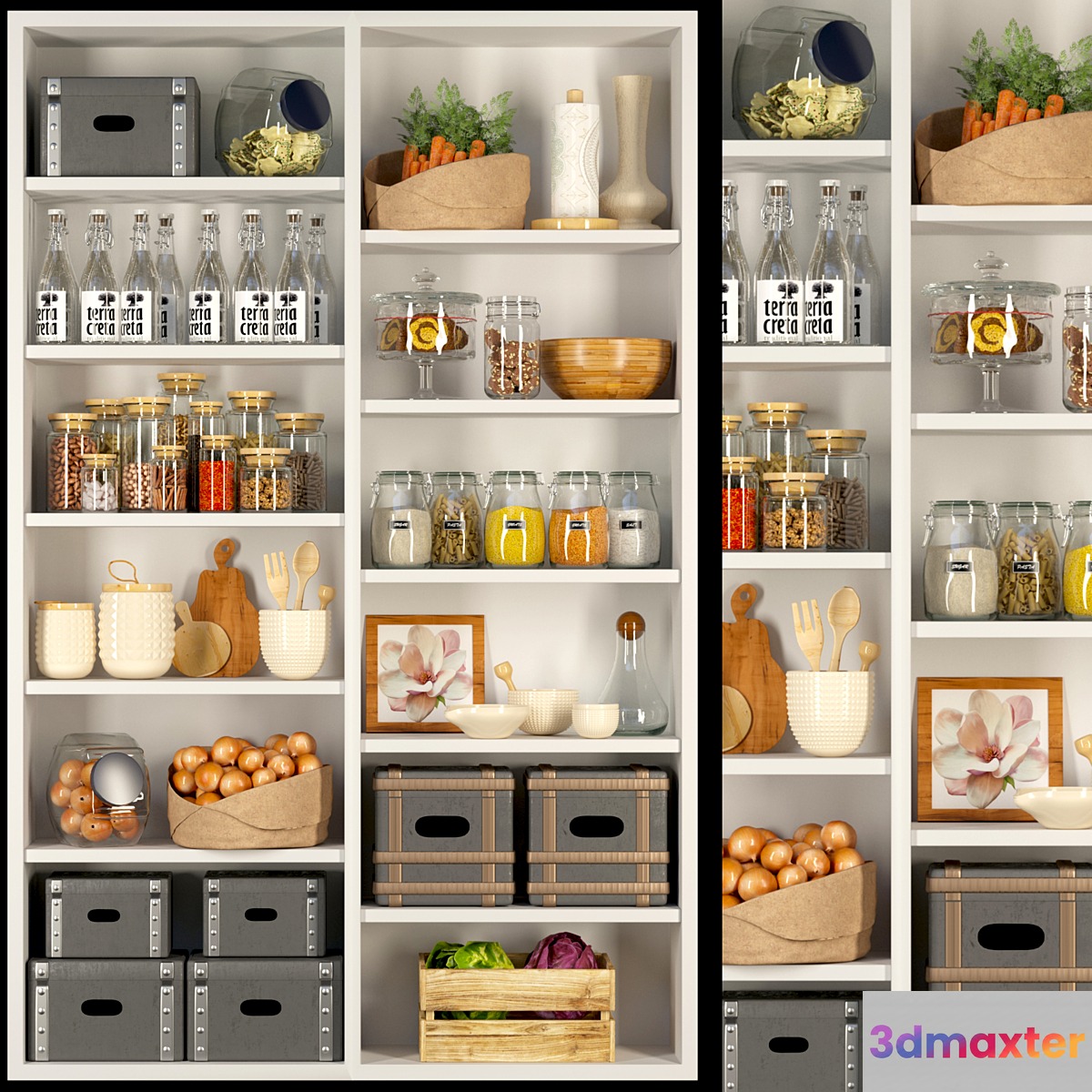 Closet in the pantry with products spices and groceries in a classic style 3D Max