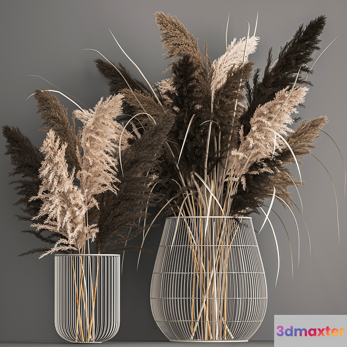 A bouquet of dried flowers with pampas grass in a basket reeds branches. Set 1071. 3D Max