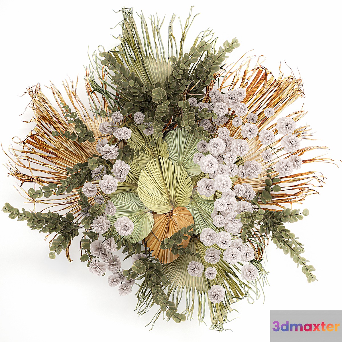 Decoration and installation for the wall of dried palm leaves wedding wreath of dried flowers. 230. 3D Max