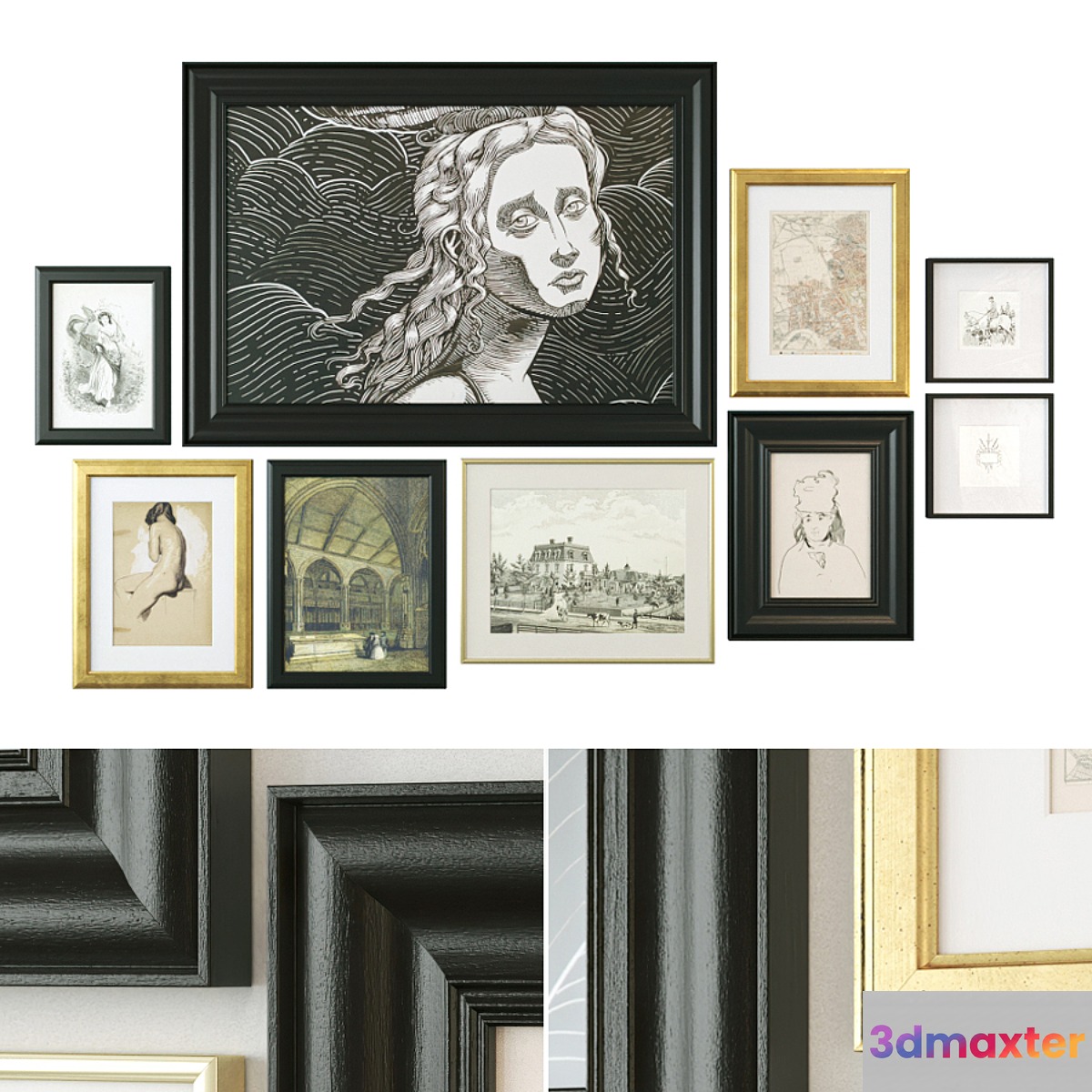 Paintings in classic frames 3D Max