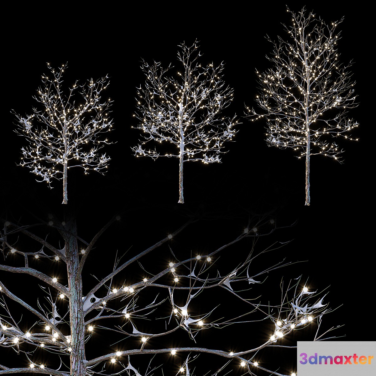 Trees in the snow with a luminous garland