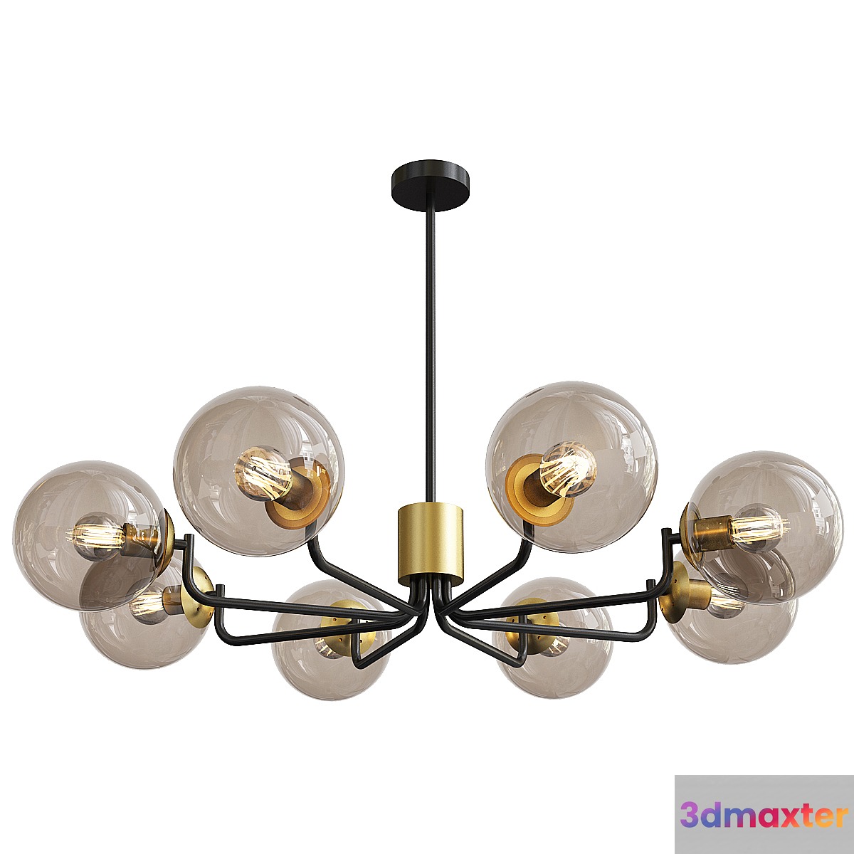 8 head brass and black chandelier with radial design