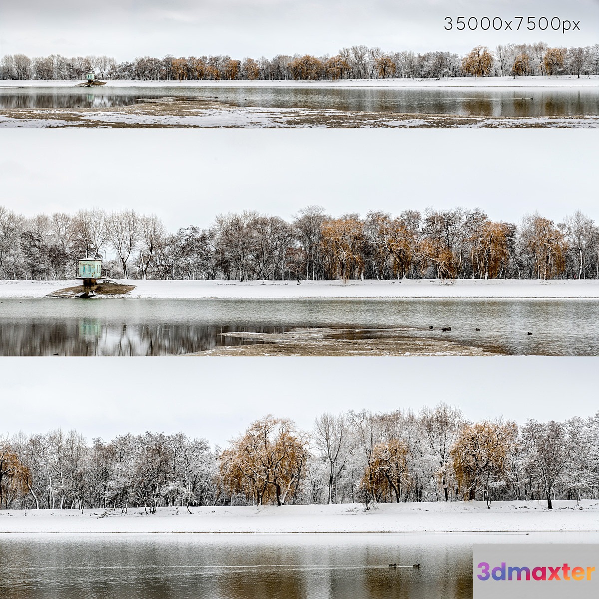 Panorama of the park with a lake and snow-covered trees. 35k