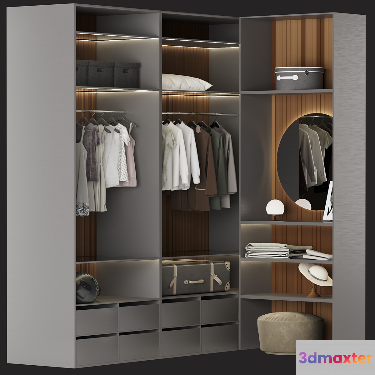 Brown Wardrobe Walk-in Closet Black Glass Door Simple and Luxury