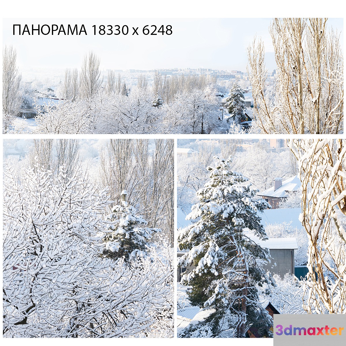 Winter panorama. View from the window. 3D Max