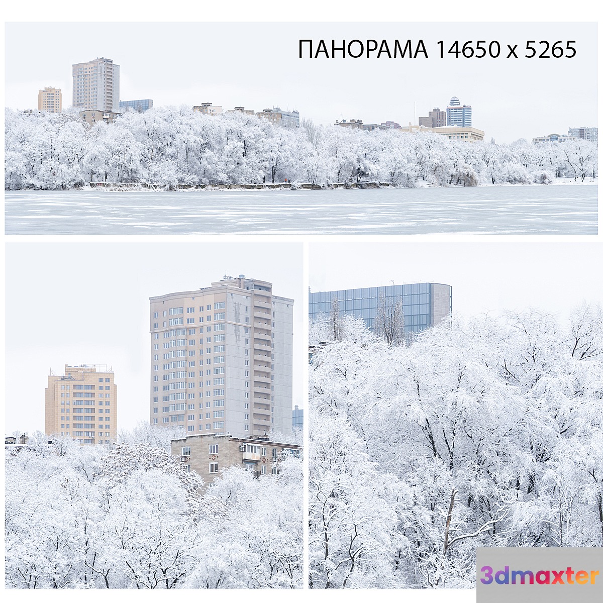 Winter panorama. Lake view. 3D Max