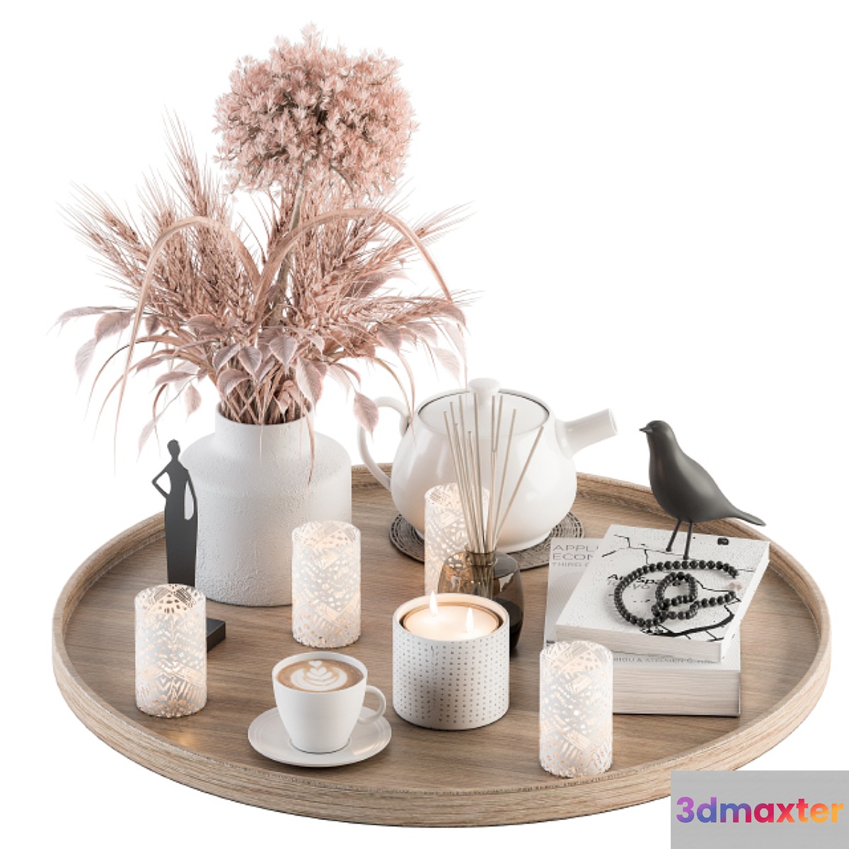 Wood and Pink Decorative Set with Wheat - Set 94