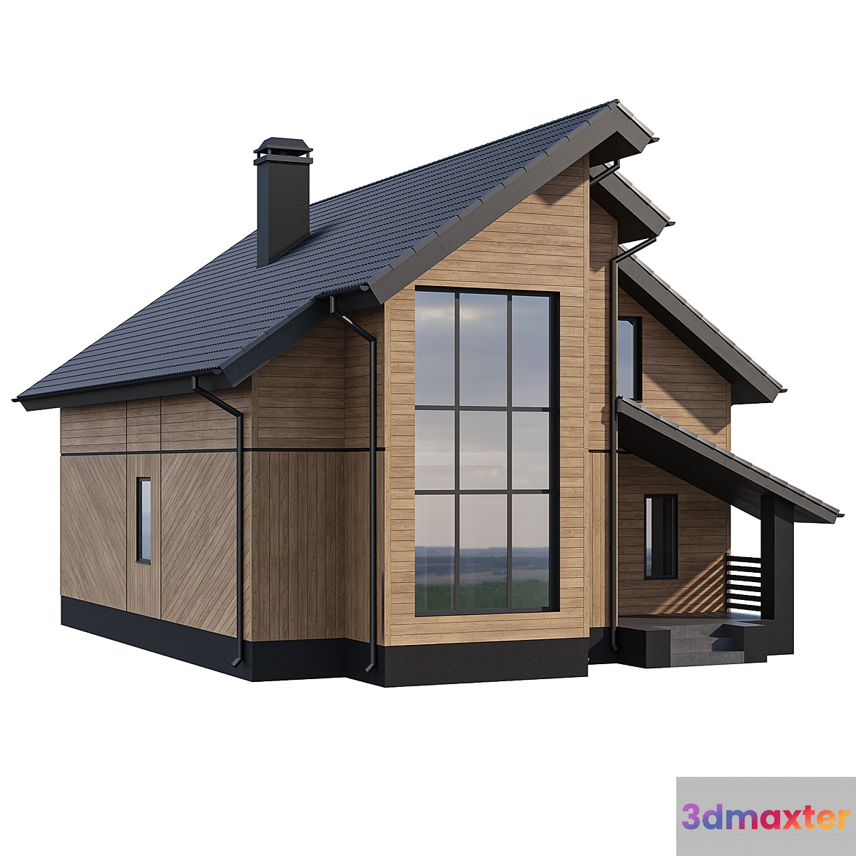 Two-storey wooden house with a complex pitched roof