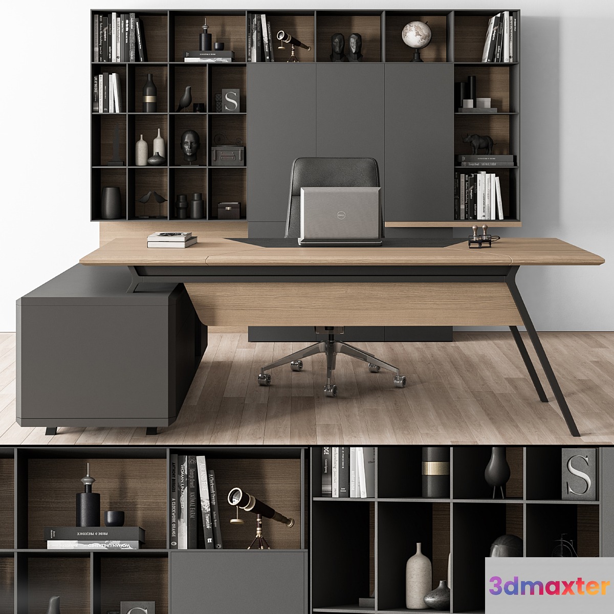 Manager Desk and Library Wood and Black - Office Furniture 266 - No.2