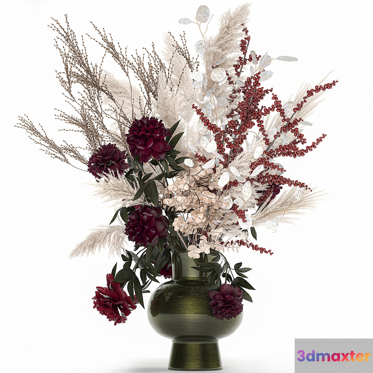 Bouquet 235. Dried flowers pampas grass moonflower branches reeds luxury vase decor white peony Ilex Holly SOLIDAGO - No.2