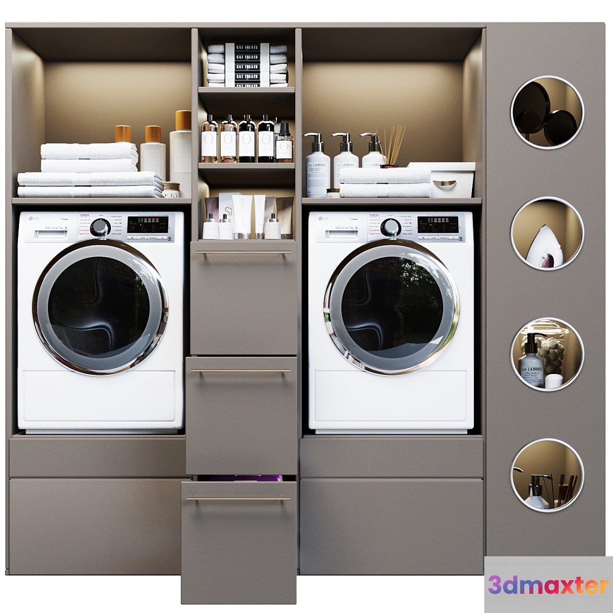 Laundry room in gray with household appliances and cosmetics 5