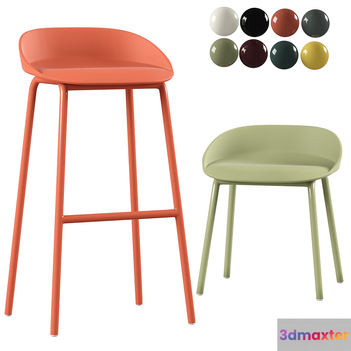 Team plastic chair and bar high stool 3D Max