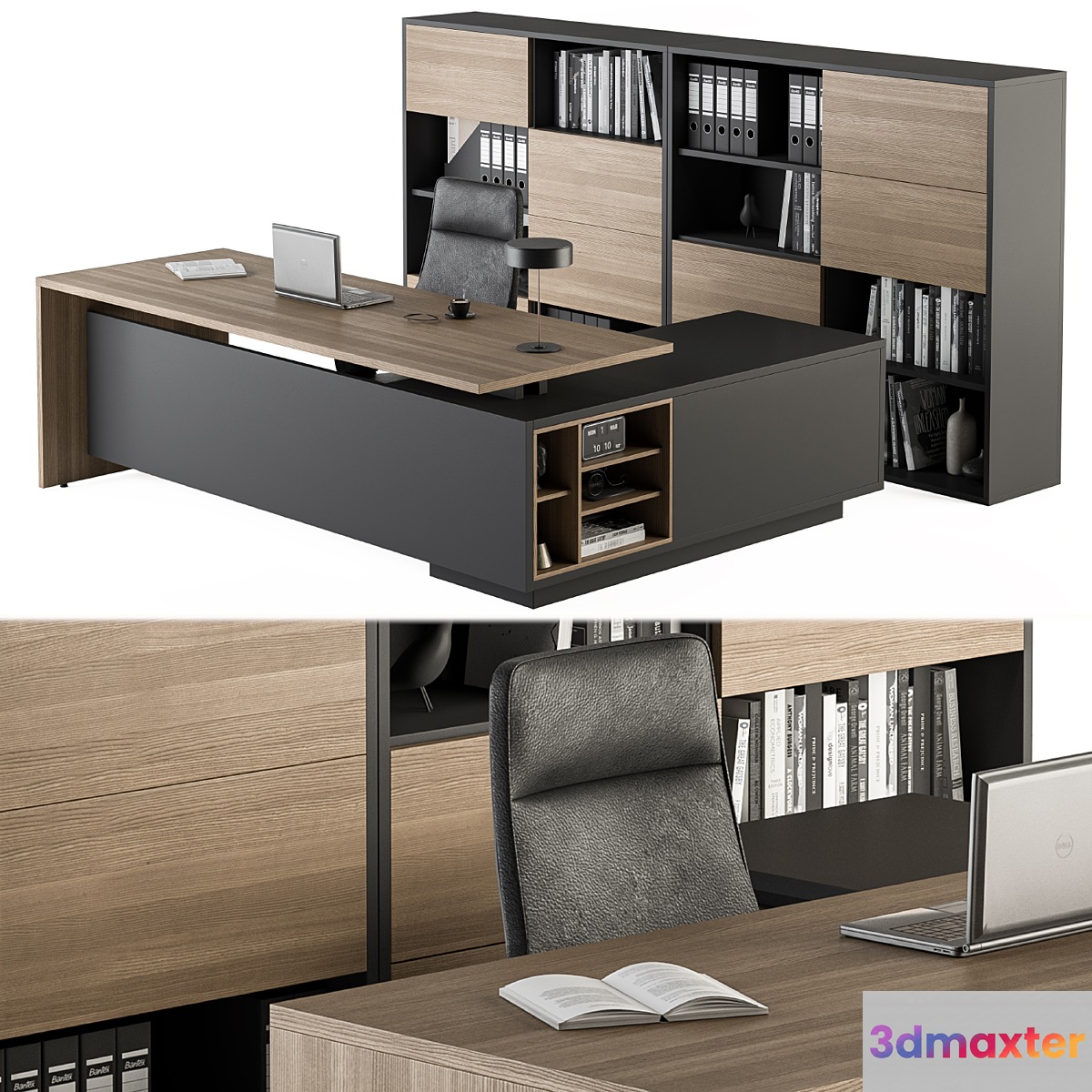 Manager Desk and Library Wood and Black - Office Furniture 273 3D Max