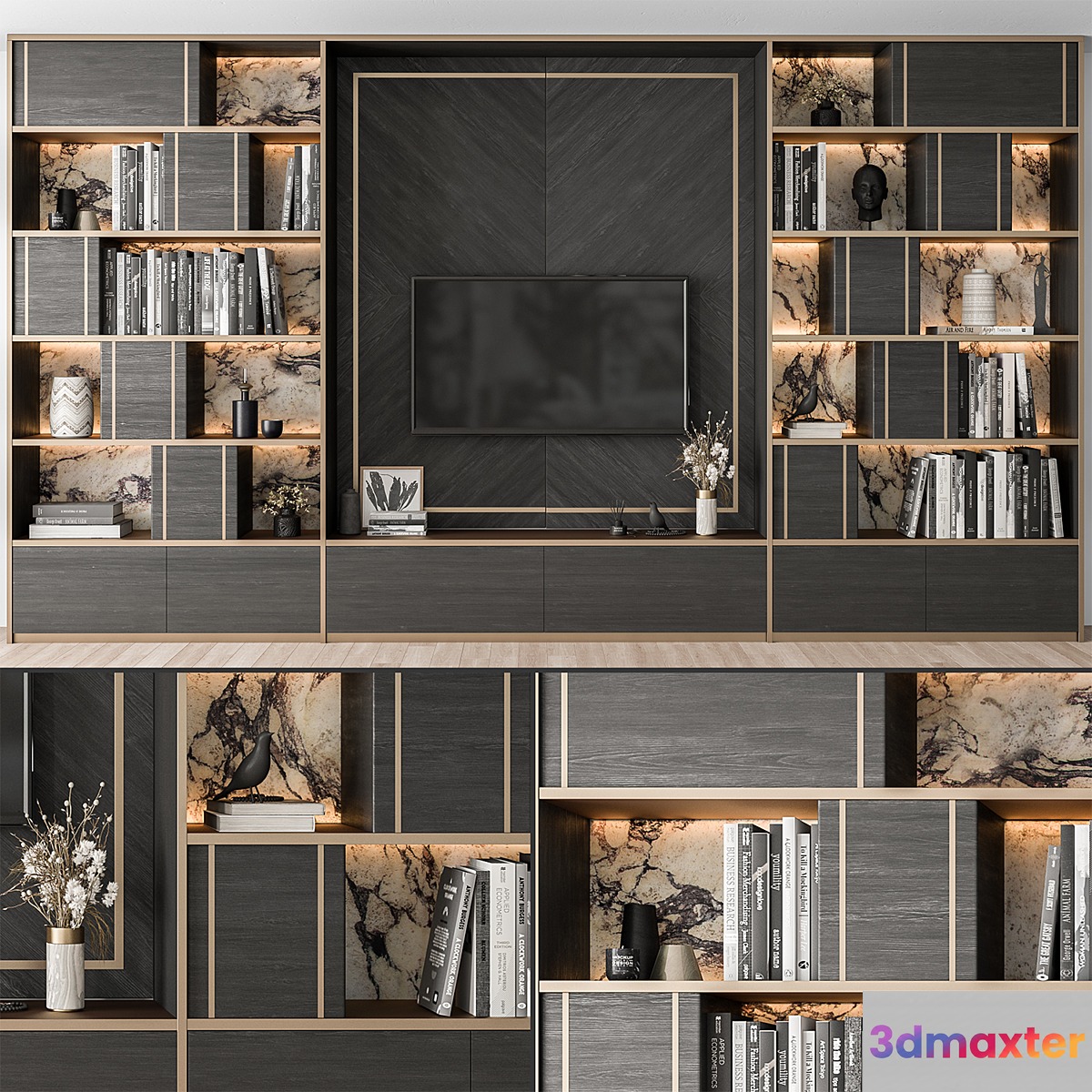 TV Wall Black Wood with Stone Slab - Set 32 - No.2