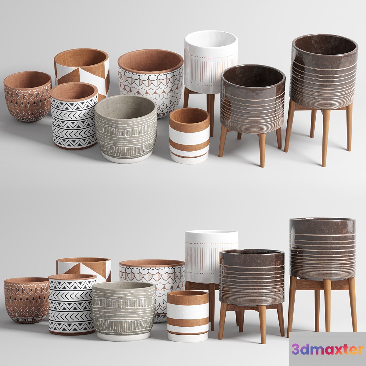 collection of earthenware and patterned concrete vases 3D Max