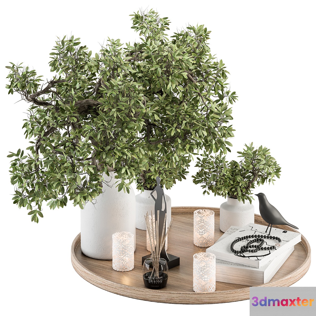 Wood and Green Decorative Set with Bouquet in Tray - Set 112 - No.2