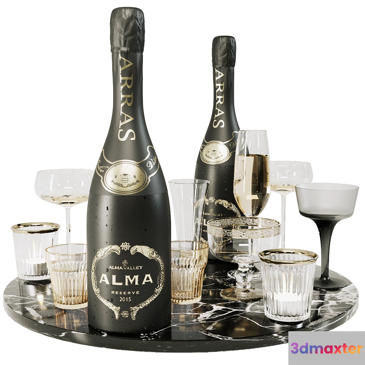 Collection of sparkling wine with crystal glasses and marble tray - No.2