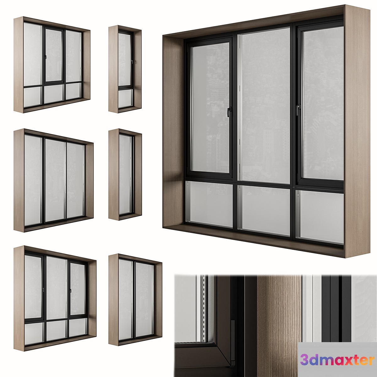 Black Modern Window with Wooden Frame - Windows Set 06