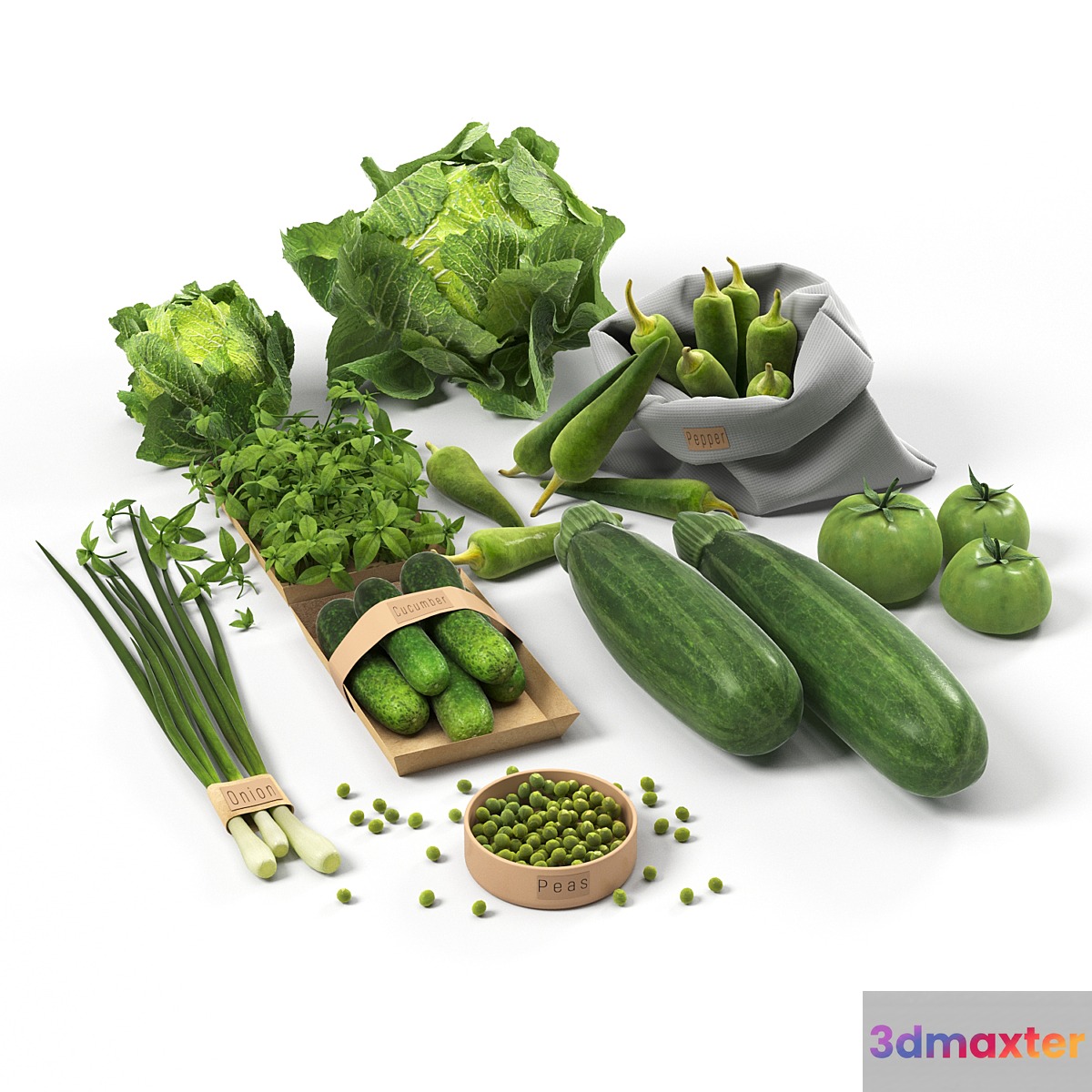 Set with green vegetables: cabbage cucumbers peppers zucchini onions tomatoes peas - No.3