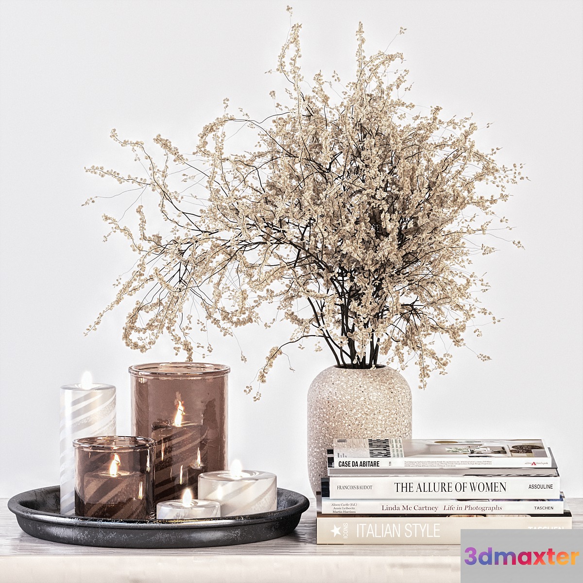 Decorative Set 14 - Candles and Branches in Concrete Vase - No.2 3D Max