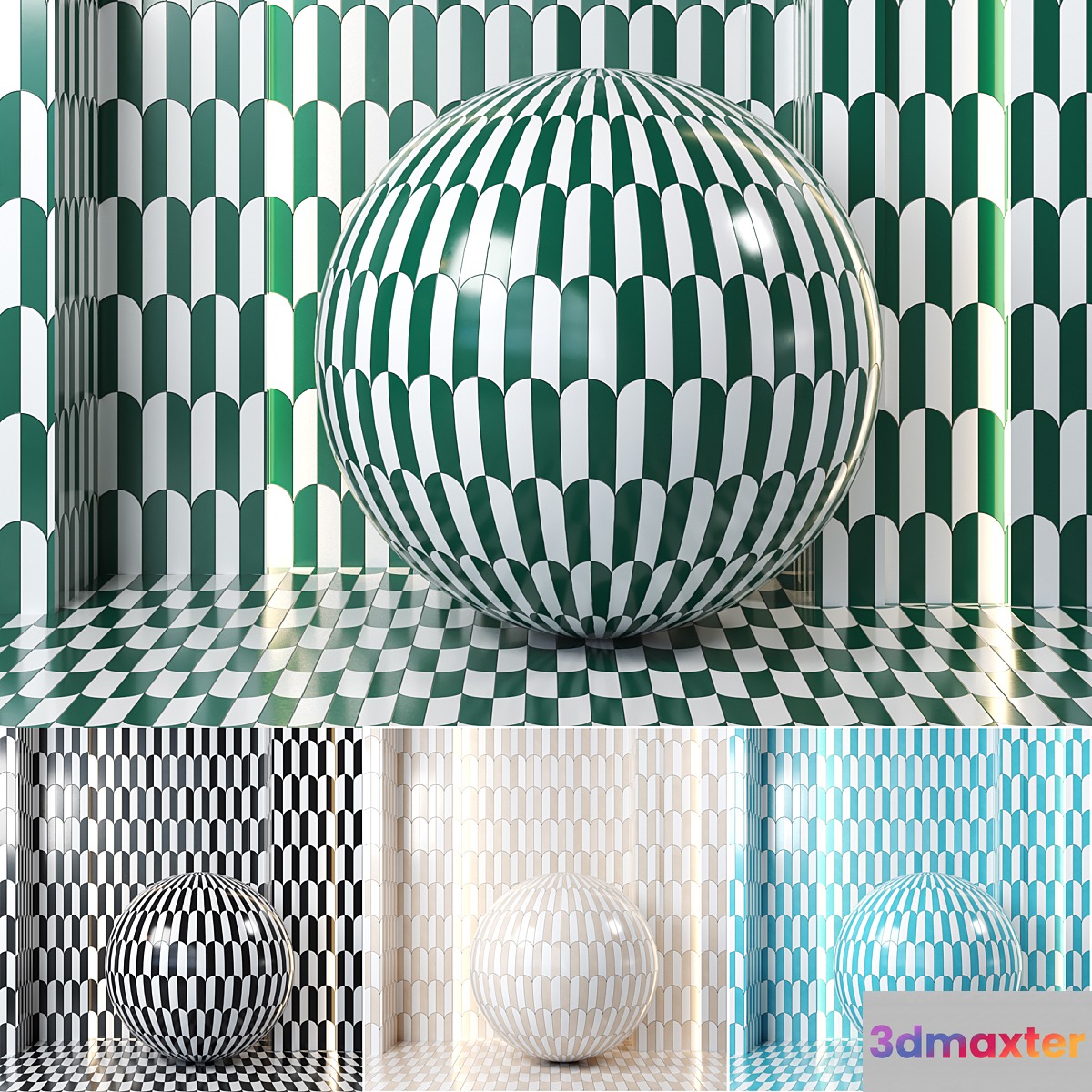 (4k)(5Colors) Altos Nero Polished tile in Elongated scallop pattern(Colored version)