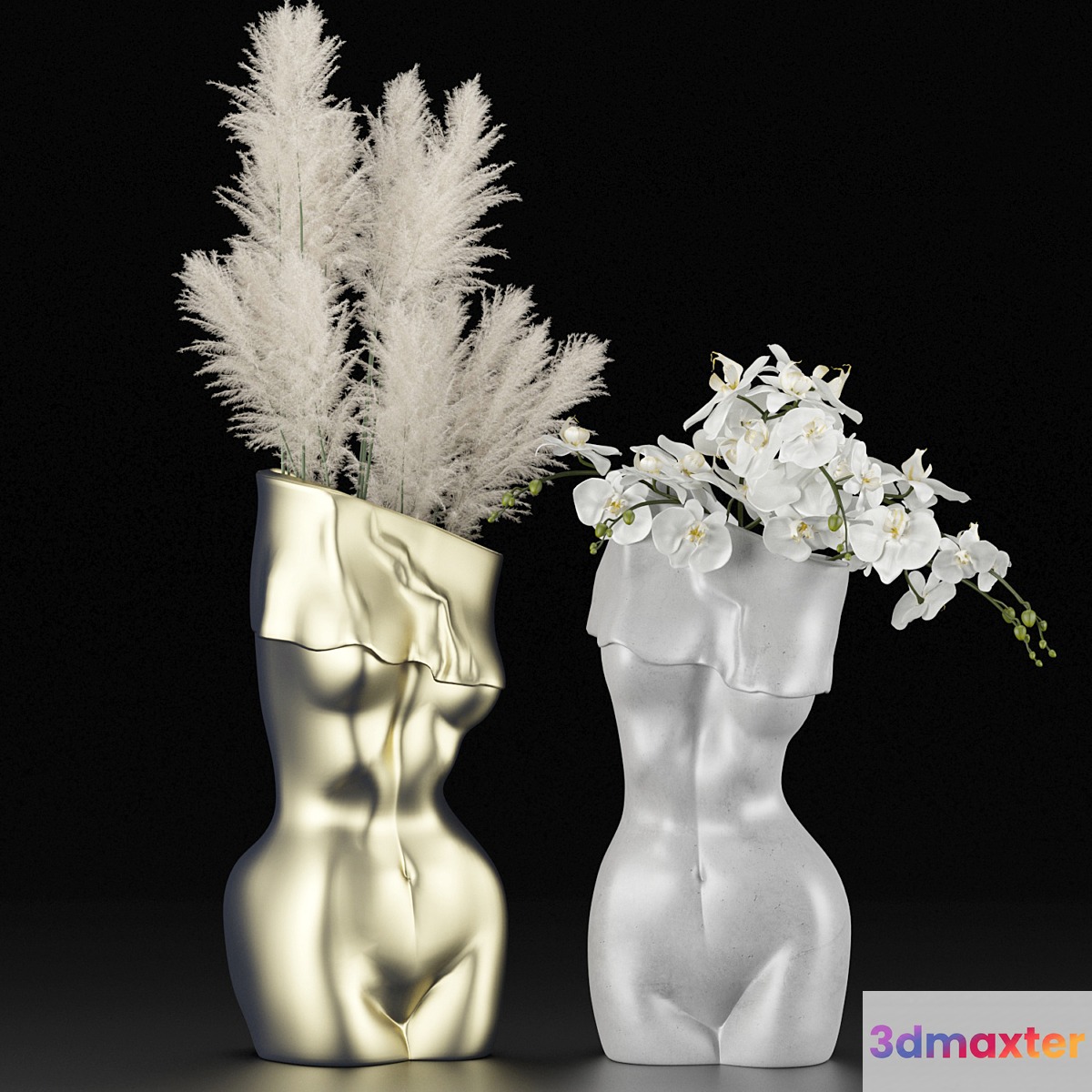 Vases in the form of a female body with bouquets of pampas grass and orchids