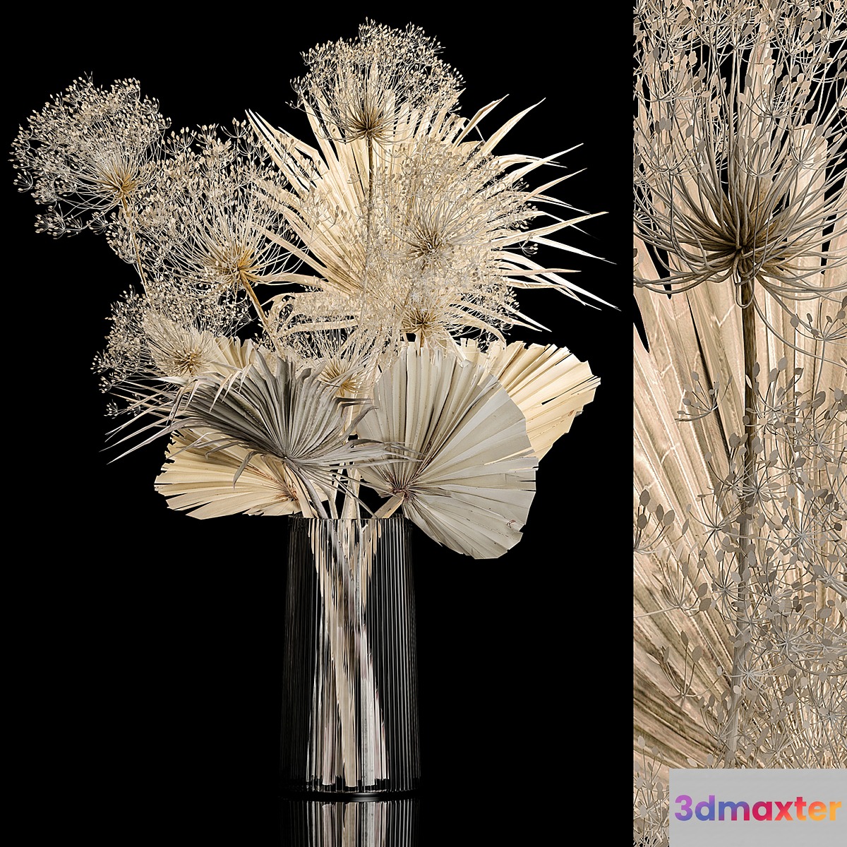 Bouquet 240. Dried flower luxury decor twigs vase hogweed twigs dry palm leaf dry stabilized painted Bouquet of bleached dry flowers 3D Max