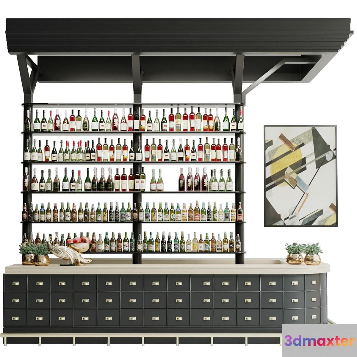 Pub with a shelf with strong alcohol. Wine 22