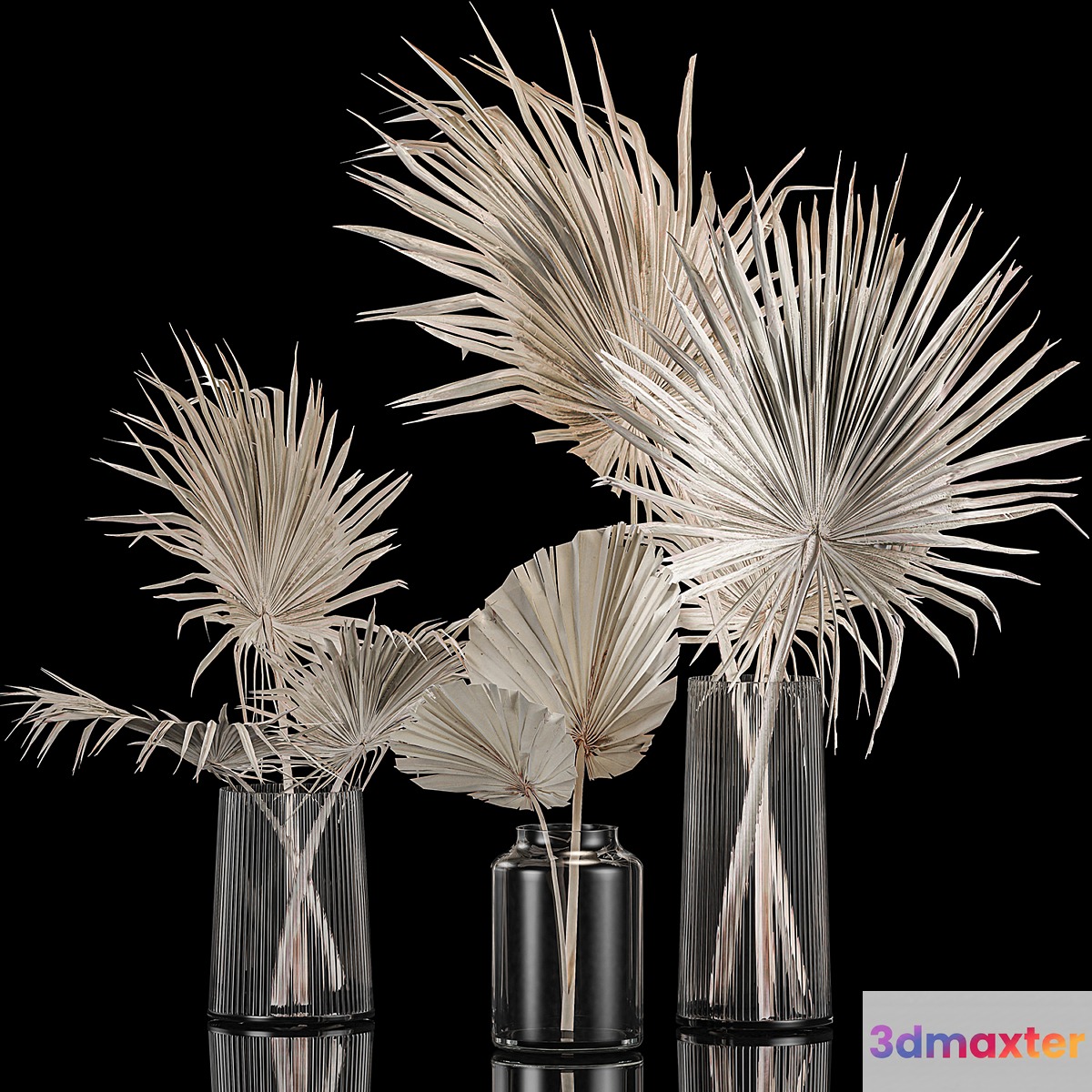 A set of bouquets in glass vases made of dry branches of palm leaves dried flower. 249. 3D Max