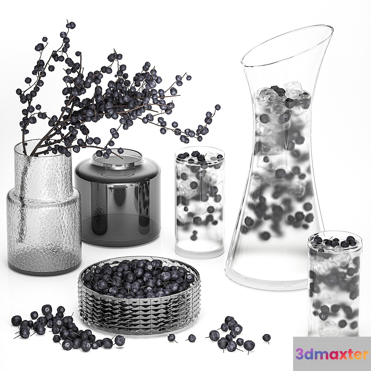 blueberry lemonade. Decanter glass cocktail blueberries vase branches ice drink table decoration - No.2