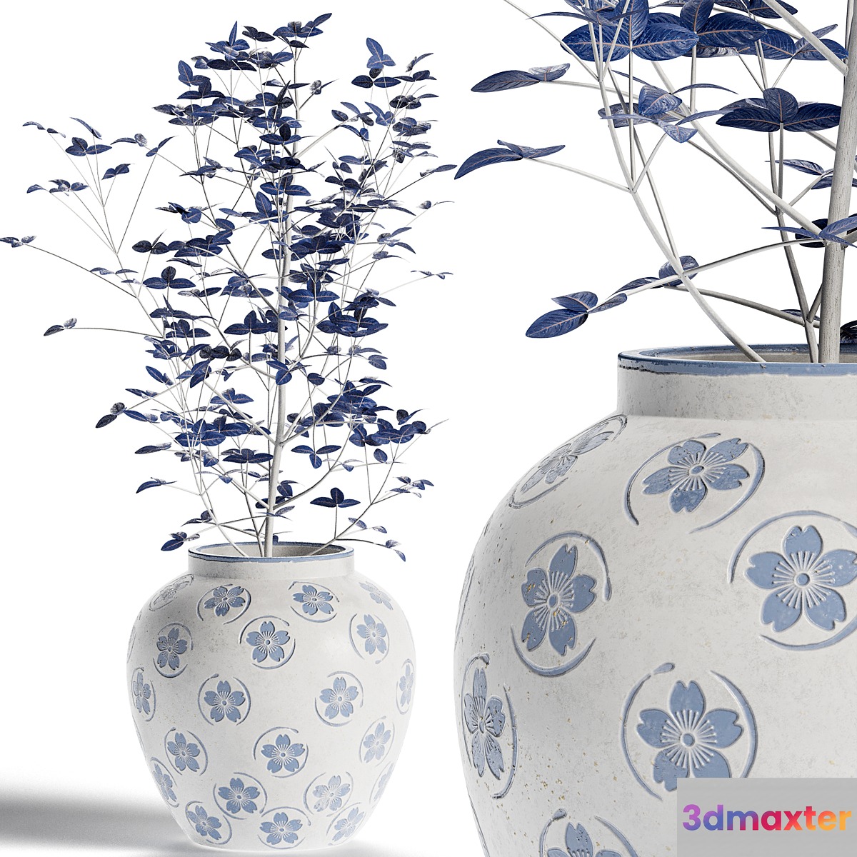 Blue Floral Vase with Plant - No.3