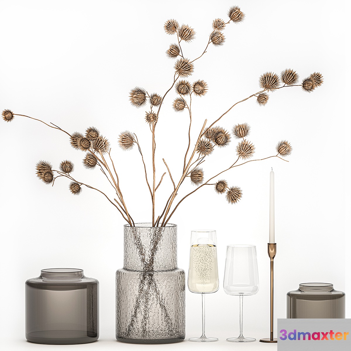 Bouquet of dried flowers from thorn branches burdock with a vase and a glass of sparkling wine. 253 - No.2