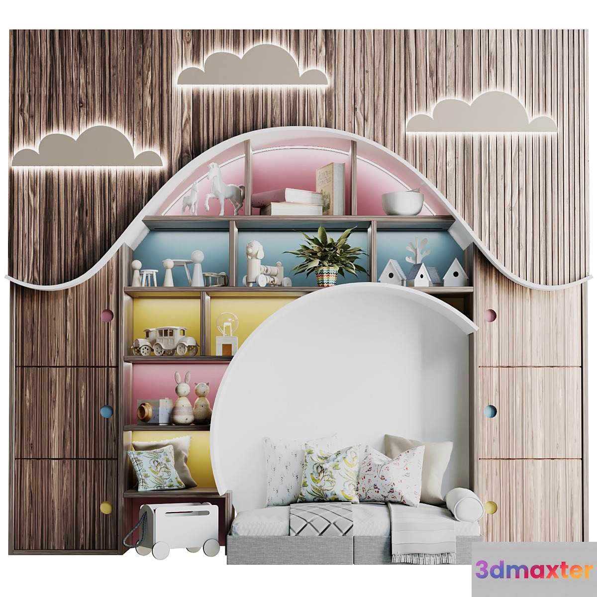 Children's wardrobe with toys and a bed