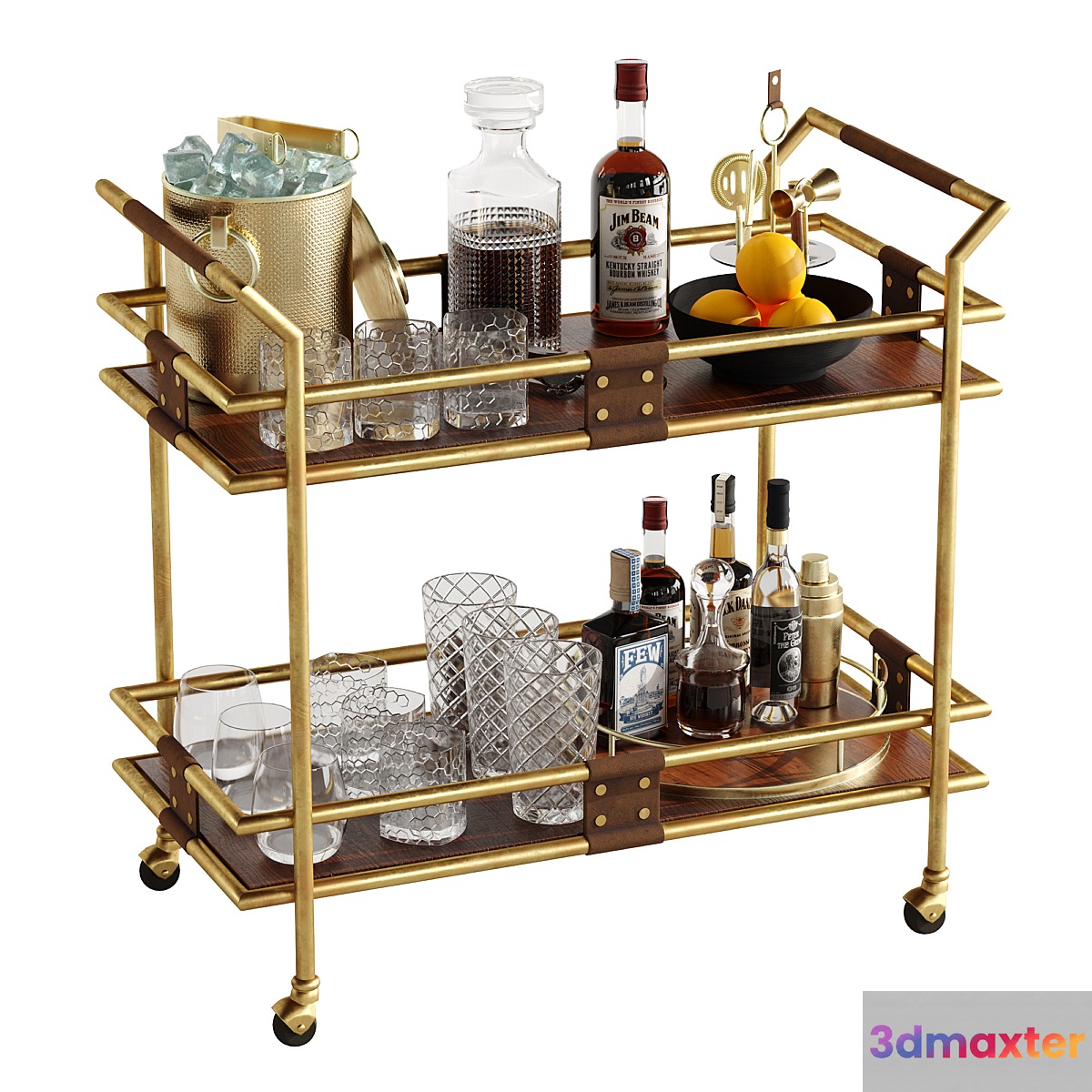 Bar cart set 4 gold 3D Max