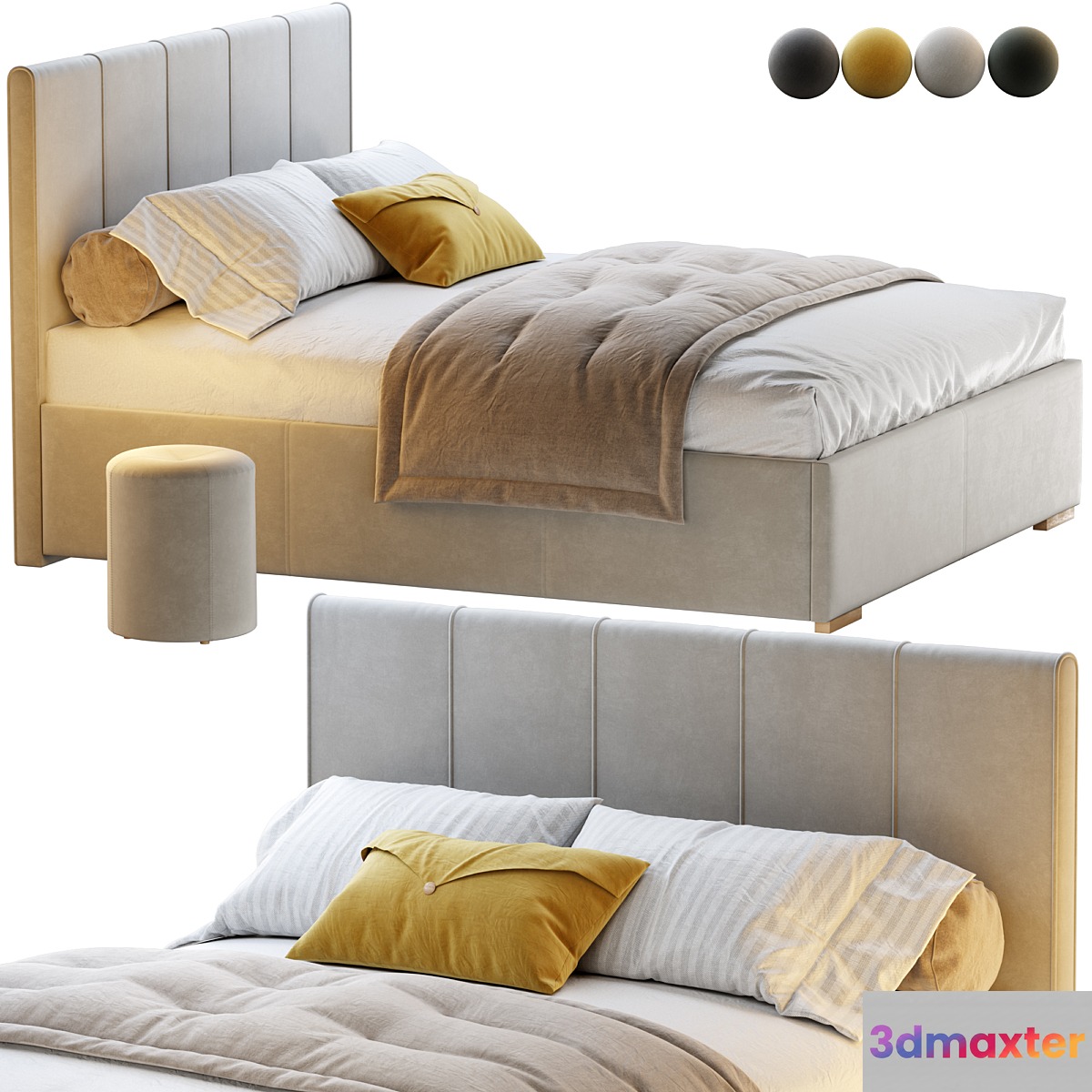 Bed Sharon 160 Velvet Milk _ olive _ yellow _ gray with pouffe Kofi Divanru - No.2
