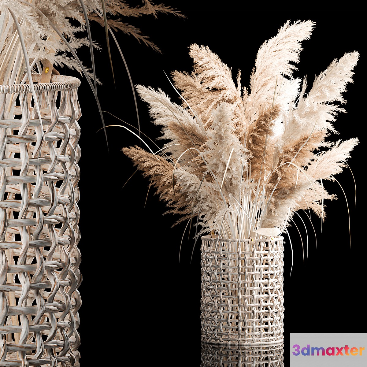 Bouquet of white dried flowers in a wicker basket reeds pampas grass Cortaderia. 256.