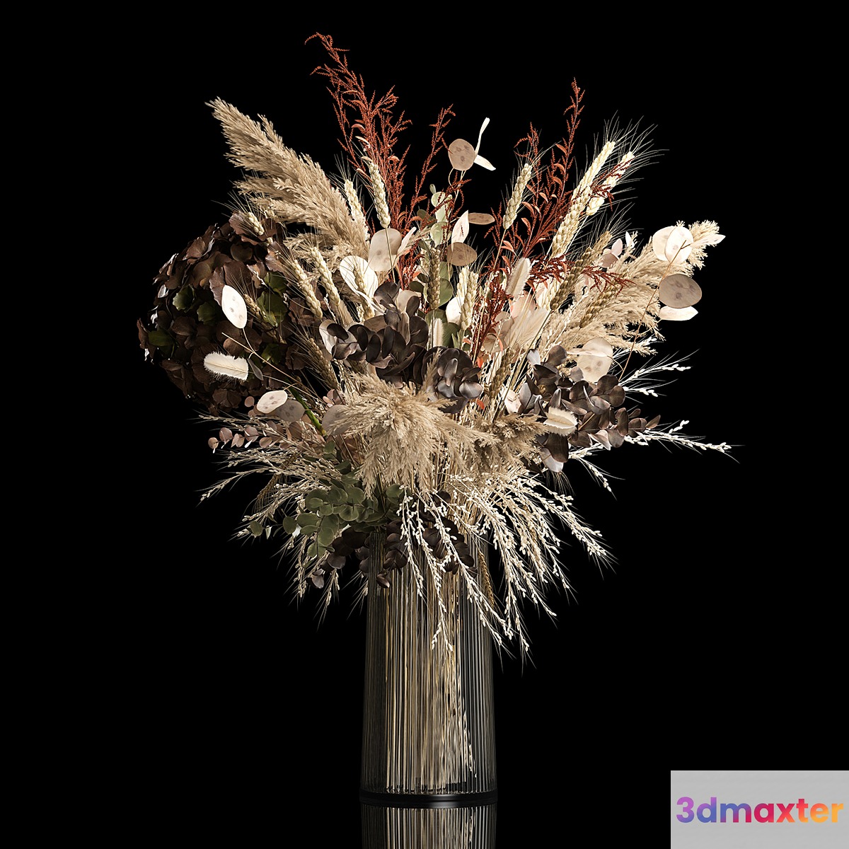 Bouquet in a glass vase made of dried flower hydrangea pampas grass reed cortaderia moonflower wheat spikelet. 259.