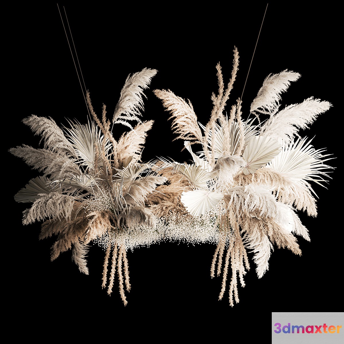 Installation suspension of white dried flowers branches of pampas grass dry reeds wedding decor. 257.