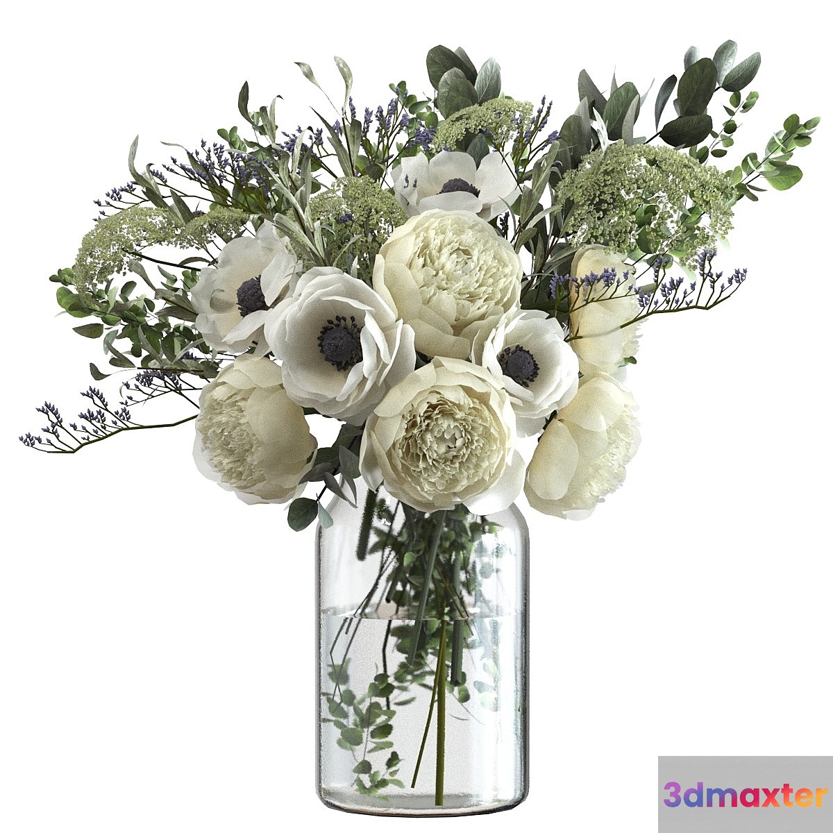 Bouquet with flowers and eucalyptus 3D Max