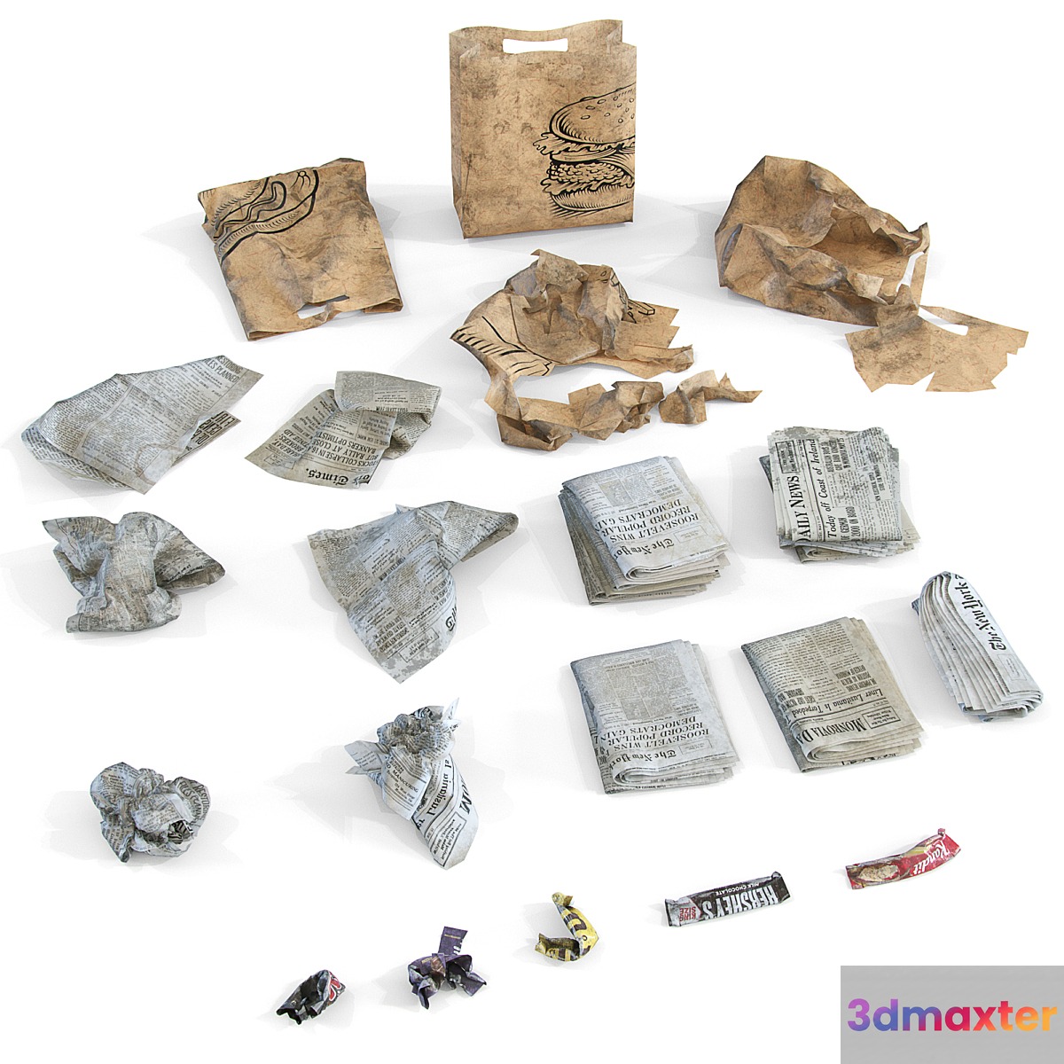 Newspaper wrappers and bag 3D Max