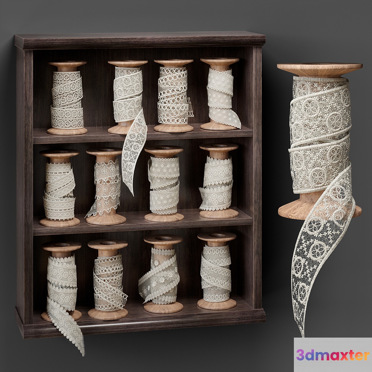 Shelf with spools of lace