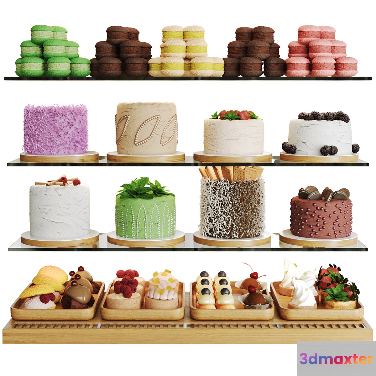 Showcase with cakes and desserts