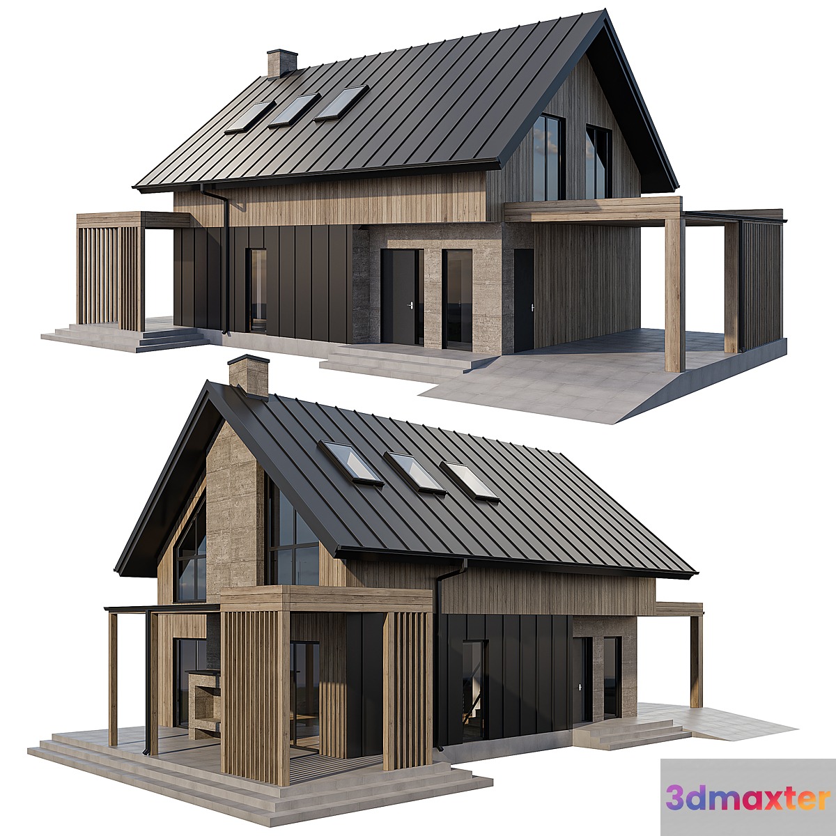 Two-story cottage with a fireplace on the terrace and a carport 3D Max